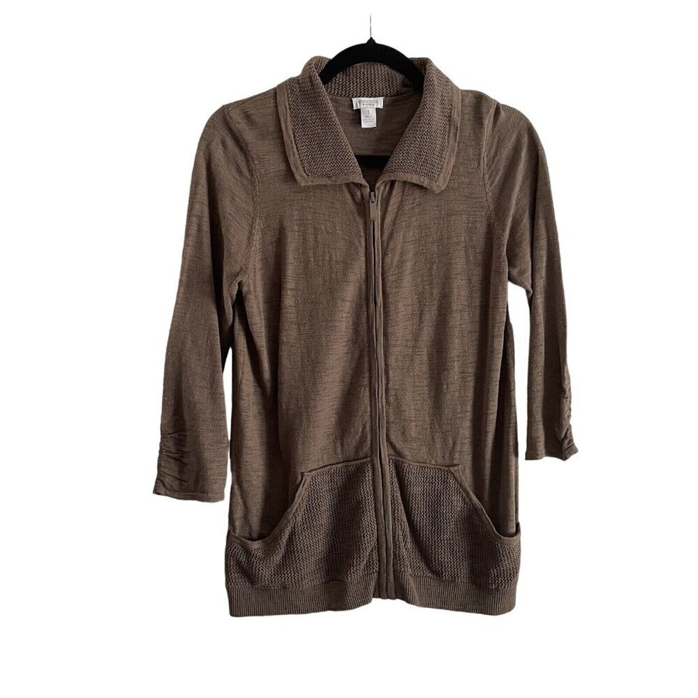 Chicos Women SZ 1/Small Brown Lightweight Collared Zip Up Pocketed Sweater
